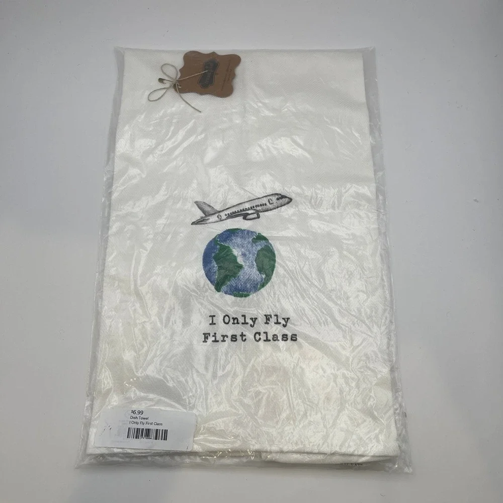 Mud Pie I Only Fly First Class Dish Towel White Cotton Airplane Globe Travel
